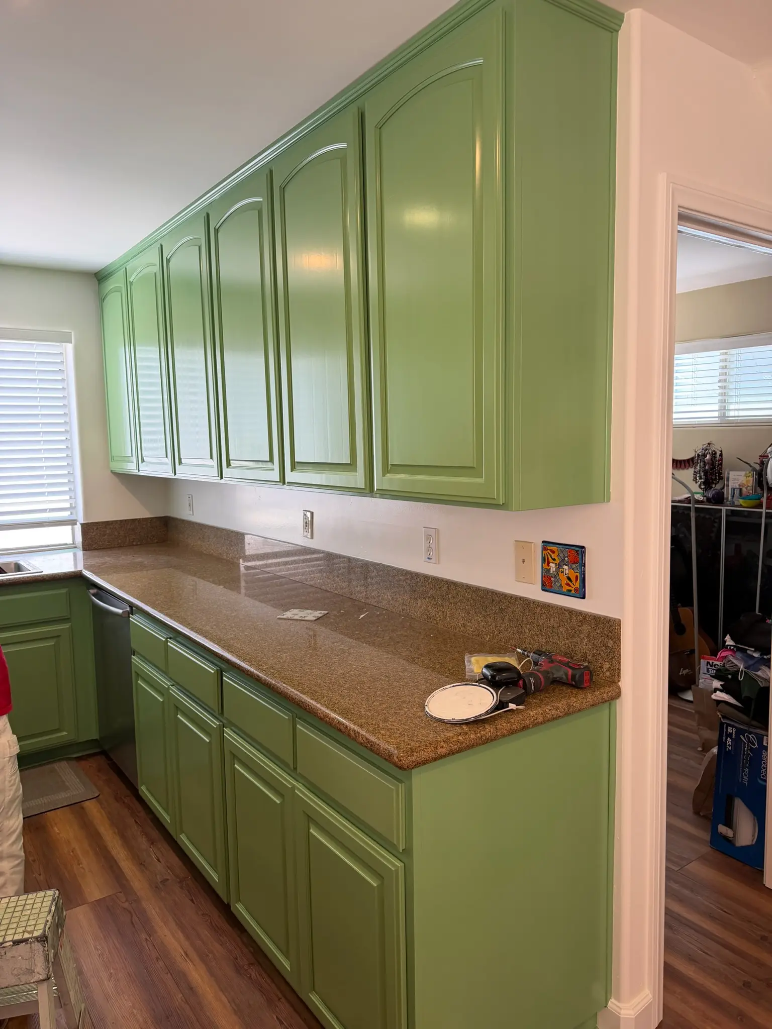 Vibrant Green Kitchen Cabinet Painting Newly painted bright green kitchen cabinets with granite countertops, showcasing a professional cabinet refinishing project.